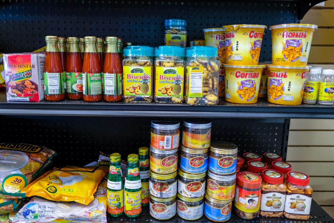 The shelves are stocked with Burmese groceries